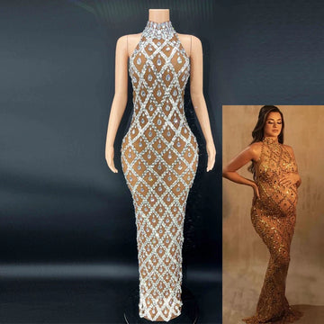 MQTIME  - Maternity Photography Sexy Shiny Goddess Bodysuit Rhinestone Maternity Dress For Photo Shoot
